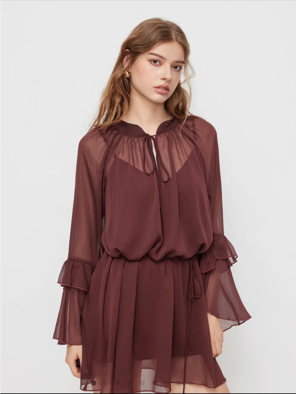 Sheer Chiffon Long-Sleeve Burgundy Tie-Neck Dress - Large